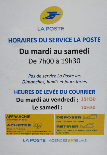 HORAIRES LA POSTE